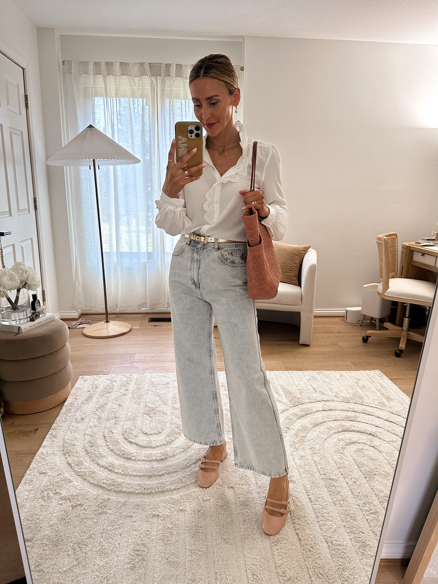 Sezane chlo shirt let crop jeans baby paula ballerina shoes outfit