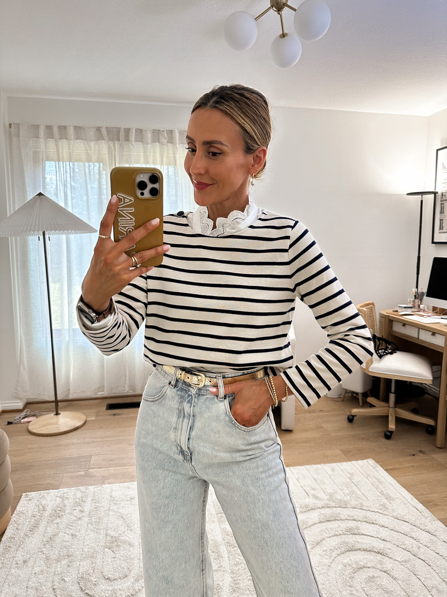 Sezane mariniere top paired with chlo shirt outfit