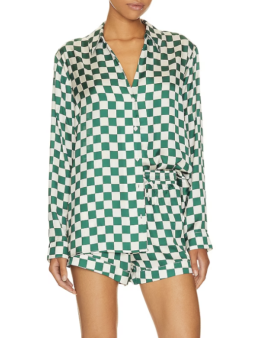 show me your mumu green and white checkered pajama set