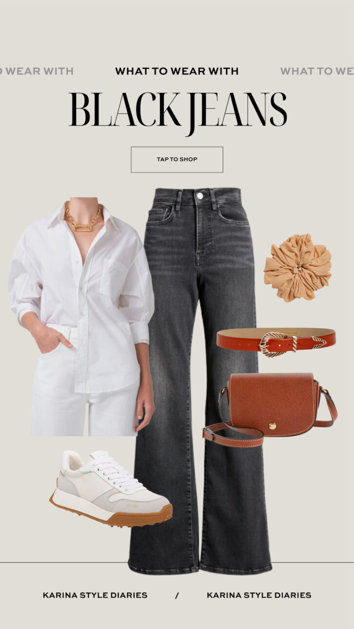 black jean outfit idea with a white button up shirt