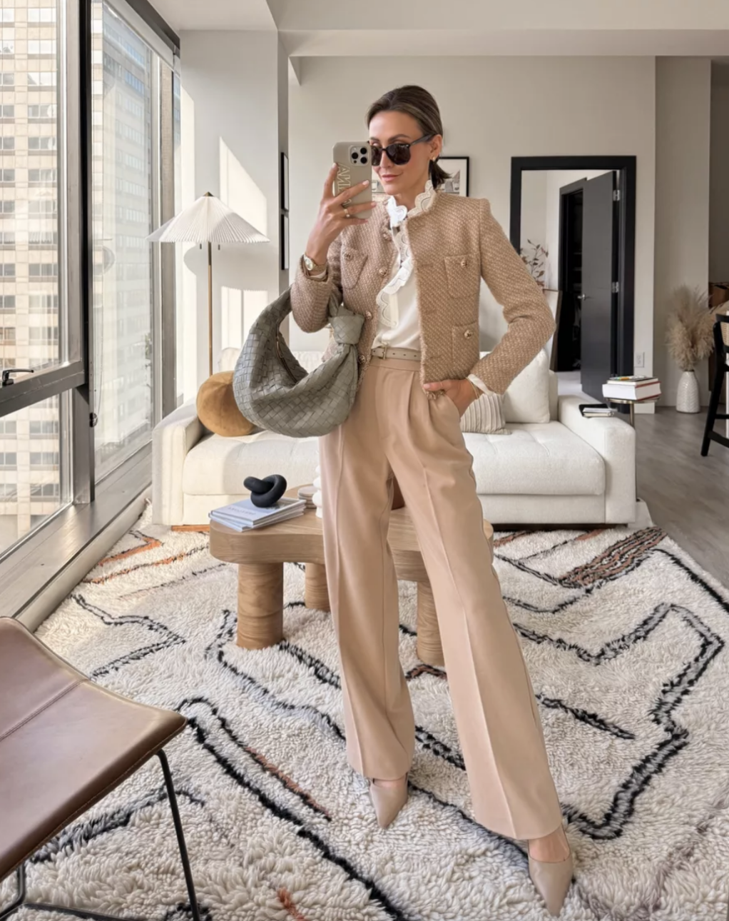 tweed jacket outfit with trousers and heels