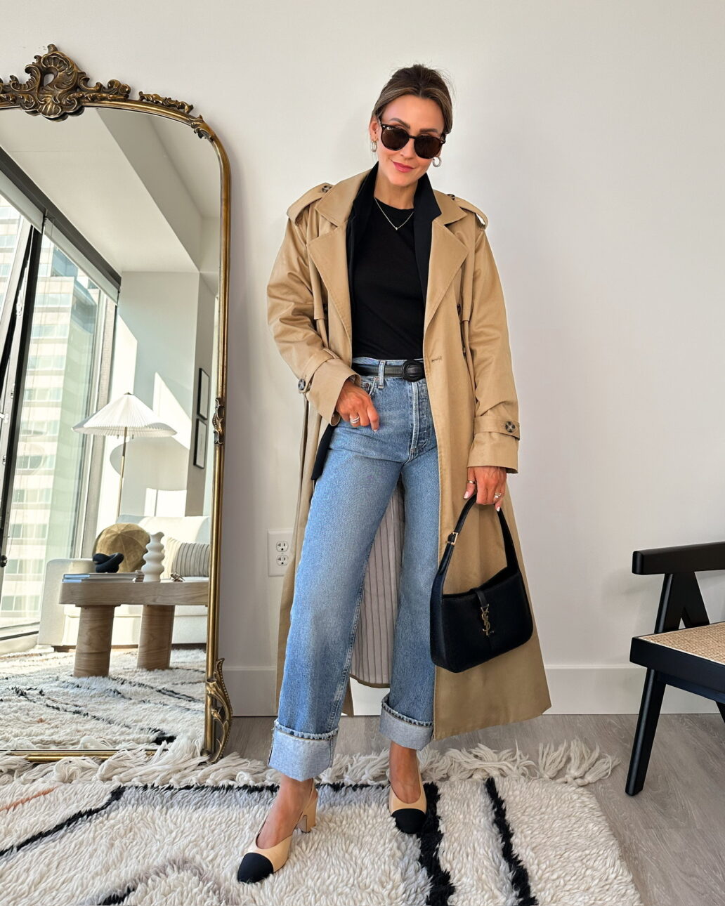 trench coat outfit with a black tank top, blazer, and slingback heels