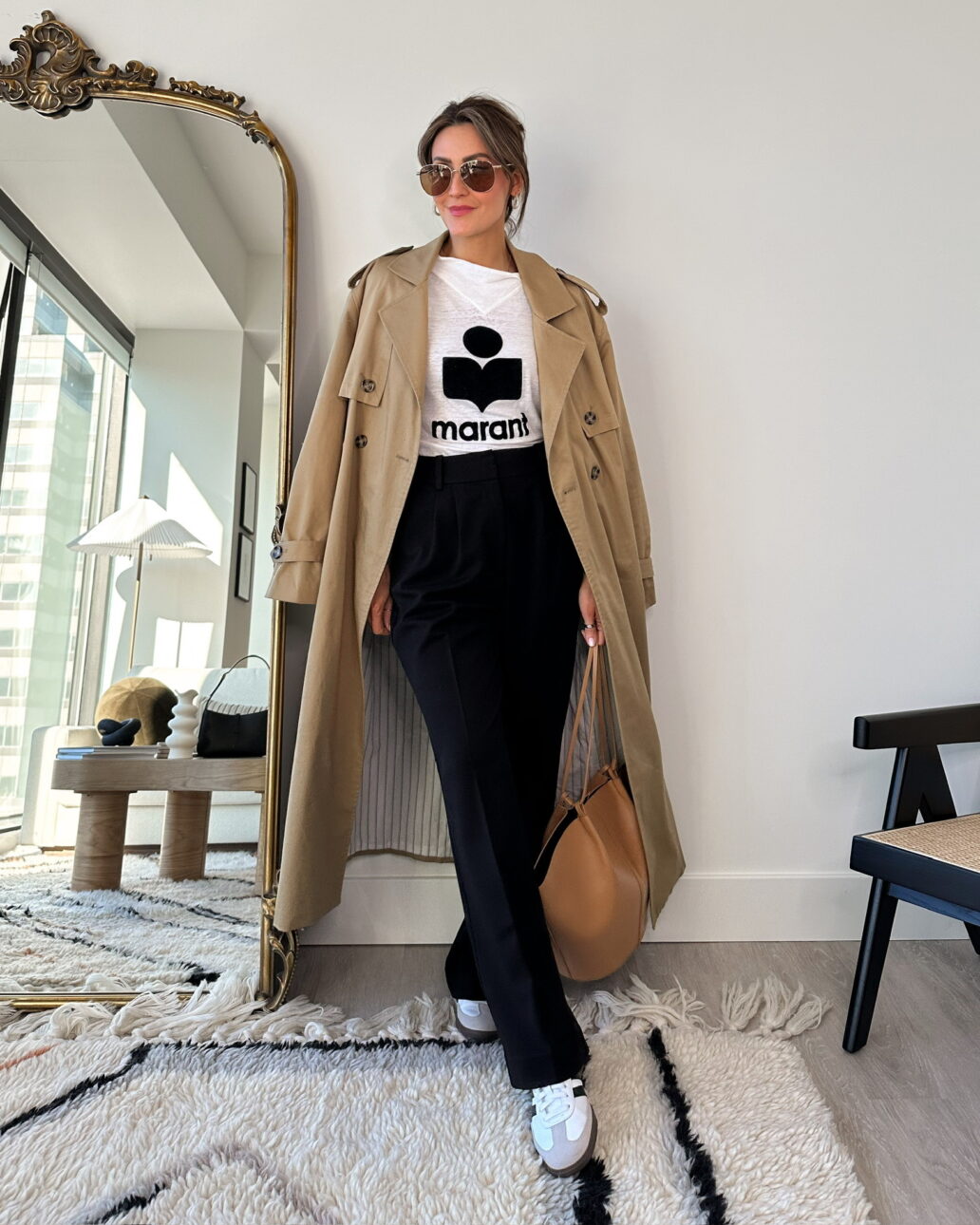 trench coat outfit with black trousers and a white t-shirt