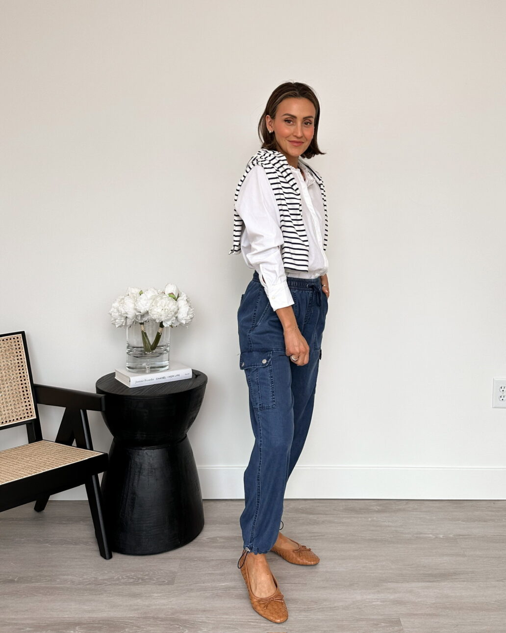 cargo pant outfit with ballet flats and white blouse