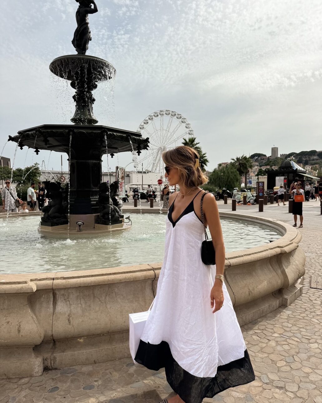 white and black linen maxi dress outfit for france