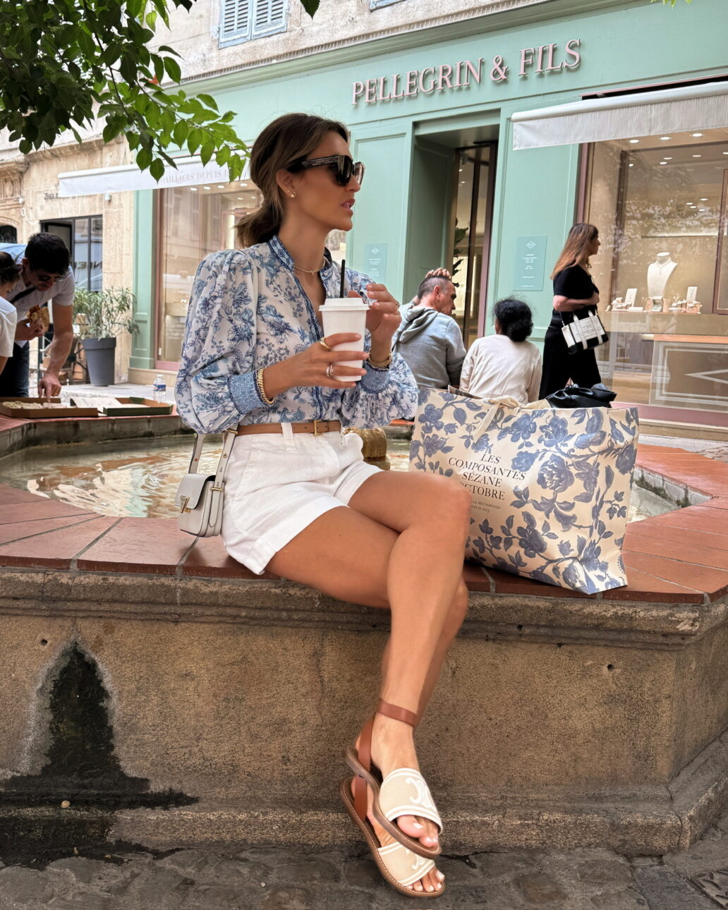 white linen shorts with a blouse and sandals