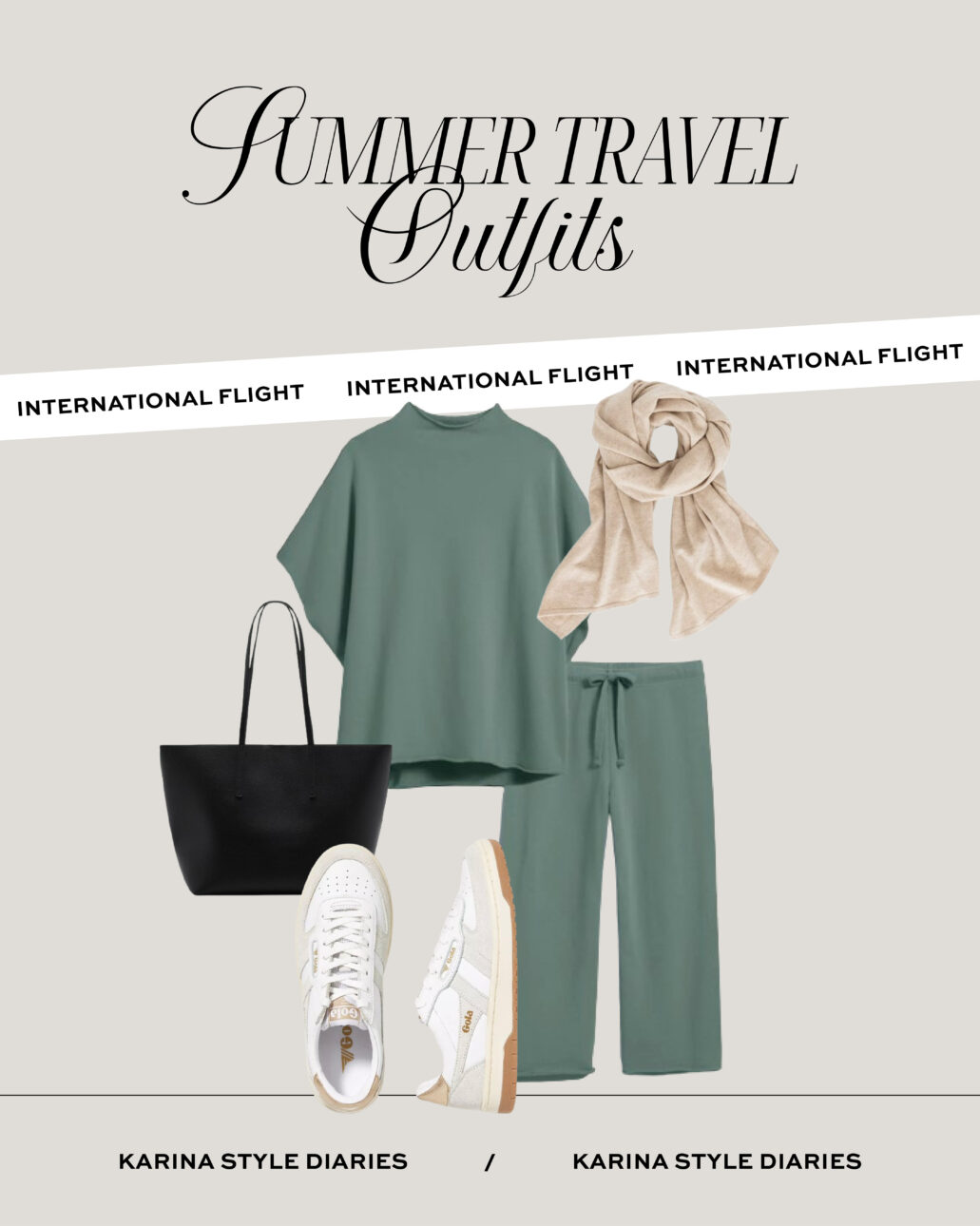 summer travel outfit - matching fleece set, cashmere travel scarf, white sneakers, and a tote bag