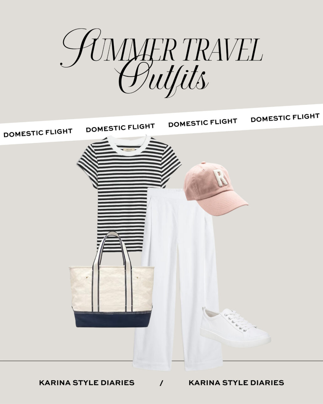 summer travel outfit - white linen pants, striped t-shirt, white sneakers, a tote bag, and a baseball cap