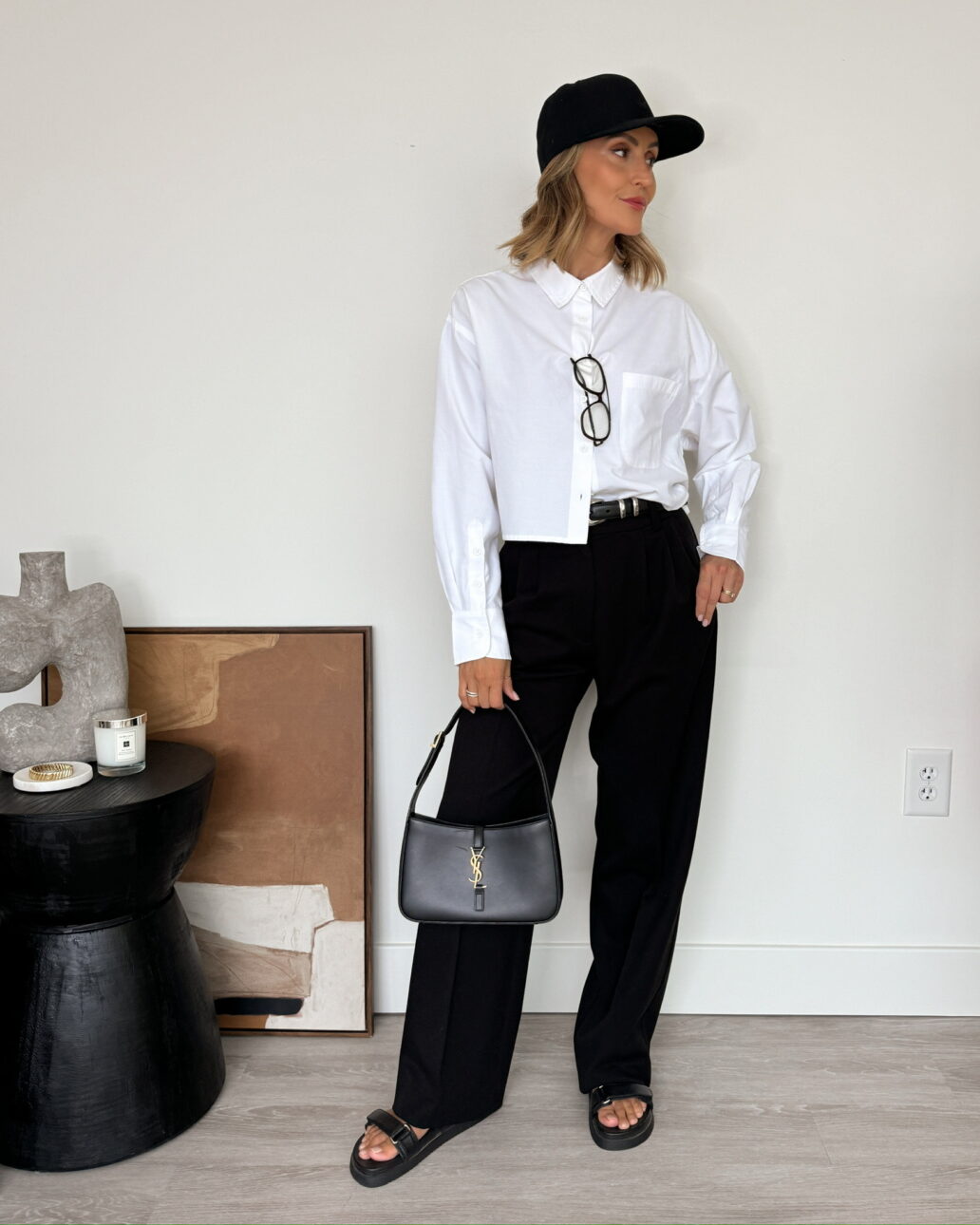 cropped white button down shirt with trousers and sandals