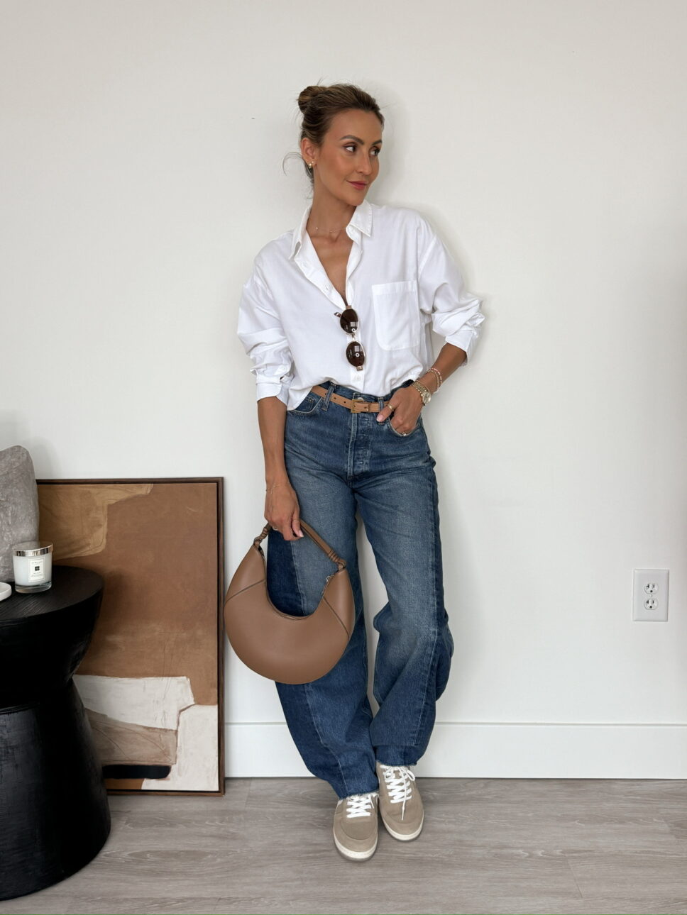 white button down shirt with jeans and sneakers outfit