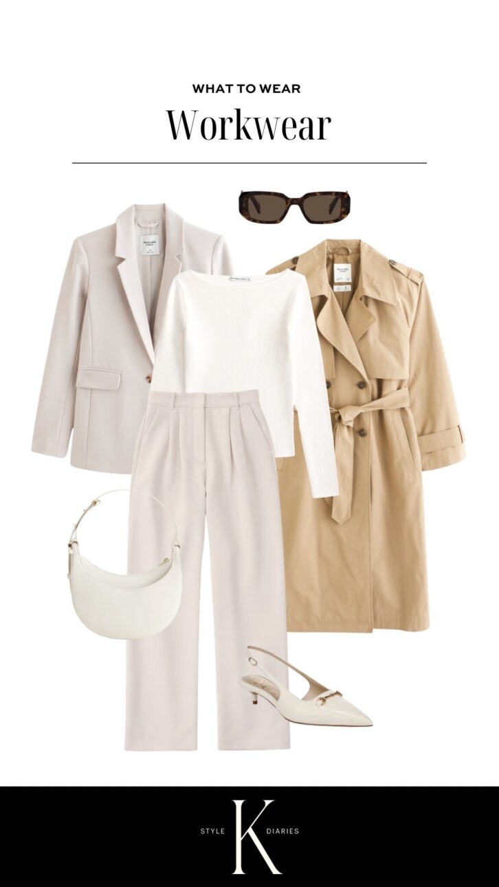 workwear outfit ideas with a boatneck top, blazer, trench coat, and slingback heels