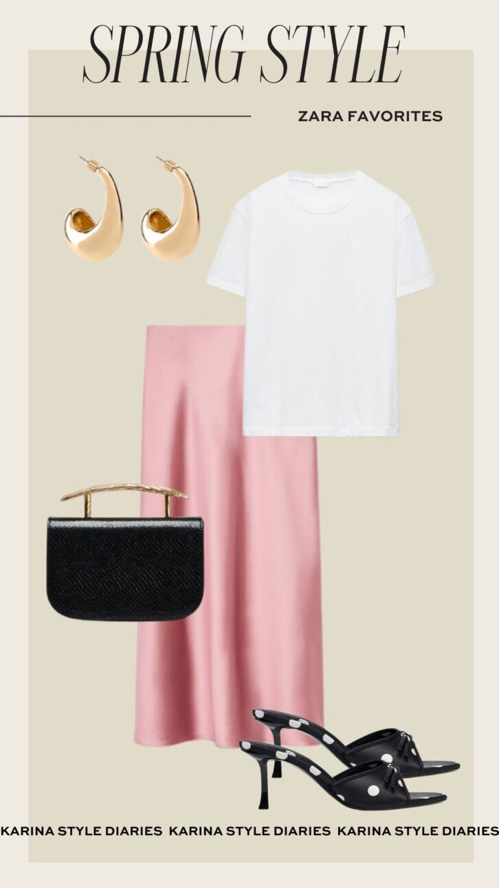 pink silk skirt with polka dot shoes zara