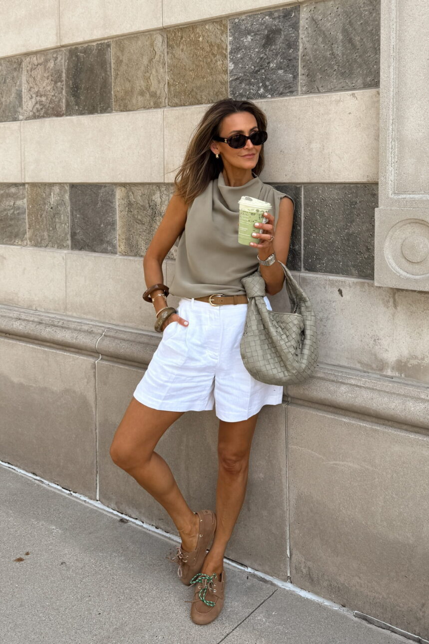 white linen shorts with a belt and tank top