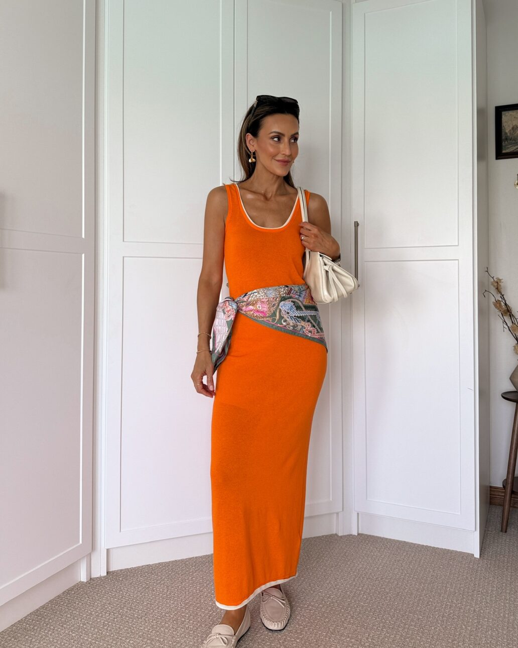 orange maxi dress with silk scarf outfit