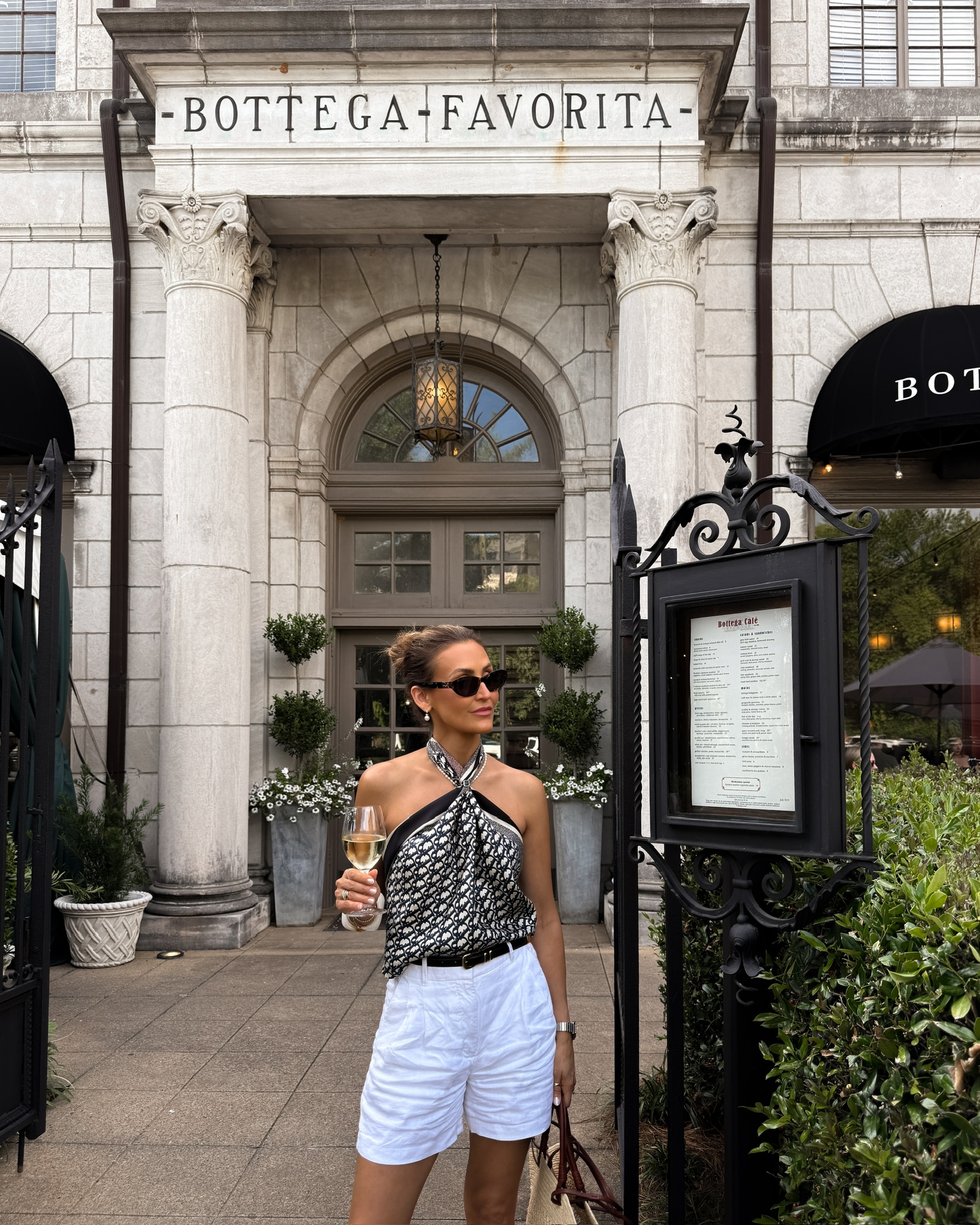 Dior silk scarf 90x90, linen shorts, gold toe right slide sandals in black, Sezane basket bag, Miu Miu cat eye sunnies, summer chic outfit