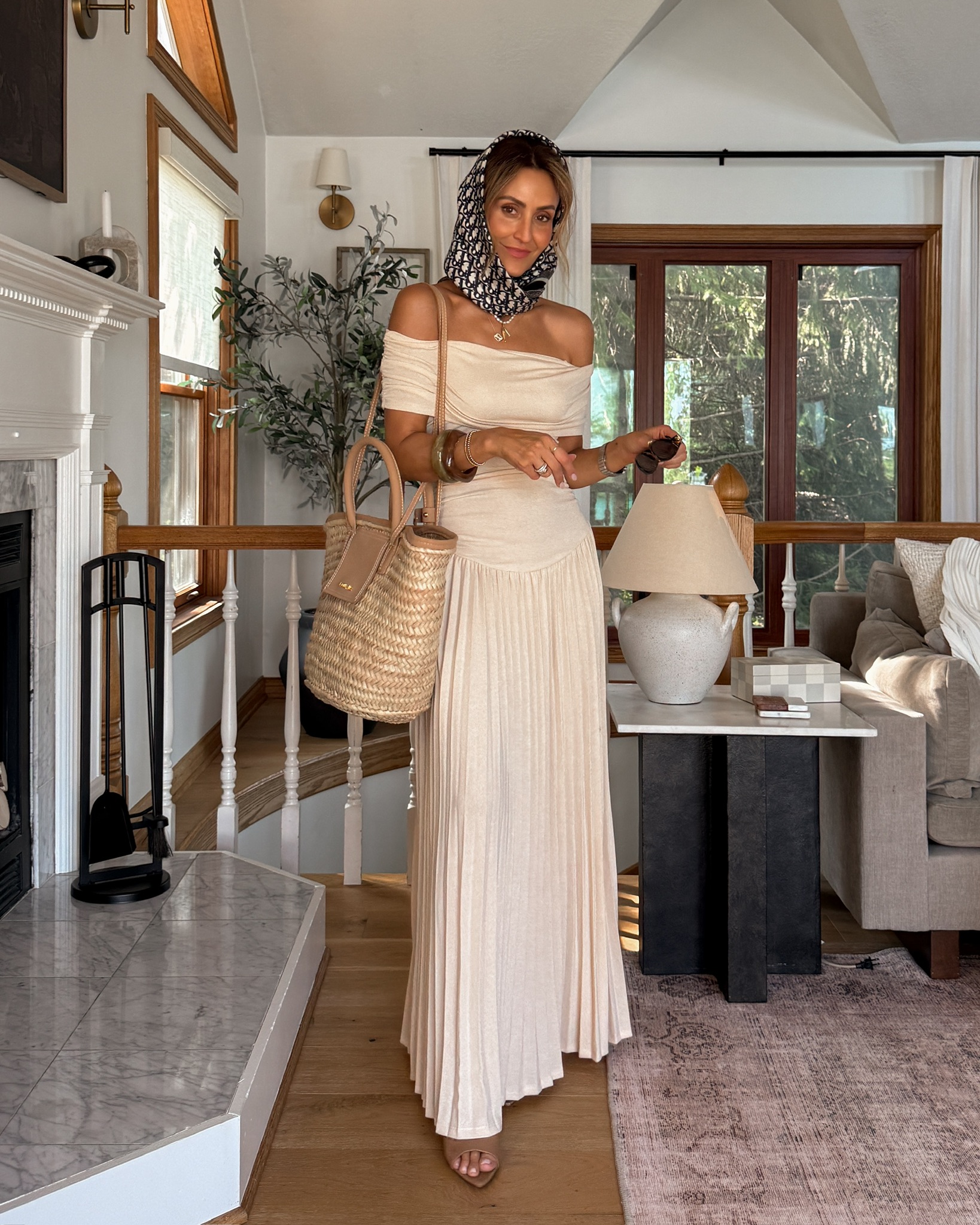 Off the shoulder knit drop waist maxi dress, Dior silk scarf, pointy toe low heel sandals, Jacque is basket bag, Miu Miu sunnies, chic summer outfit idea